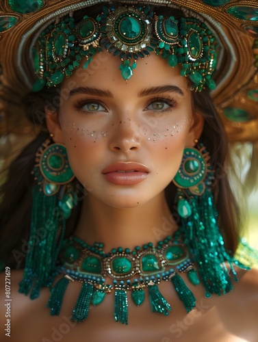 Close-up portrait of a woman adorned with an elaborate green jeweled headdress, showcasing her striking blue eyes and detailed makeup, emerald