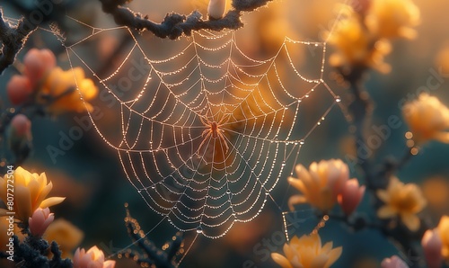Close-up of a spider web woven on a tree branch.