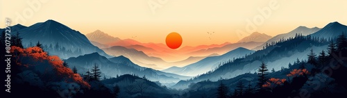 sunrise over misty mountains china painting style banner background