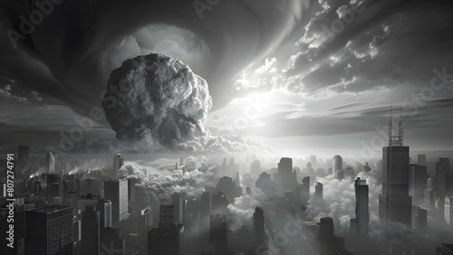 City engulfed in mushroom cloud after atomic bomb detonation during nuclear war. Concept Nuclear explosion, Atomic bomb, Devastation, Nuclear war, City destruction