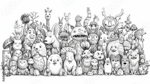A group of cute and cuddly monsters of all shapes and sizes. They are all gathered together and looking at the viewer with friendly expressions.