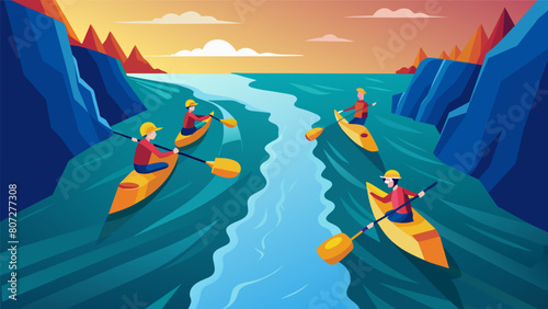 A team of canoeists working together to navigate a particularly narrow and rocky section of the slalom course.. Vector illustration