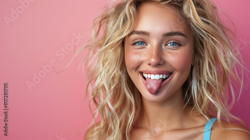 Woman Making Funny Face With Hair Blowing in Wind