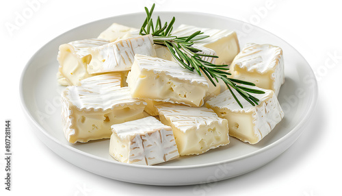 Plate with pieces of tasty Camembert cheese on white background