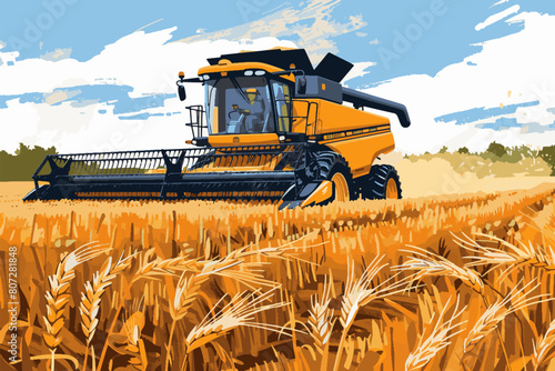 Vibrant illustration of a modern combine harvester working in a golden wheat field under a clear blue sky, depicting agricultural efficiency.