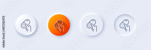 Capsule pill line icon. Neumorphic, Orange gradient, 3d pin buttons. Medical drugs sign. Pharmacy medication symbol. Line icons. Neumorphic buttons with outline signs. Vector