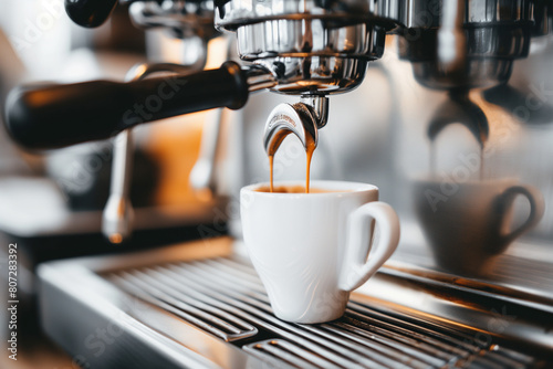 Espresso coffee machine pours espresso coffee into a white cup
