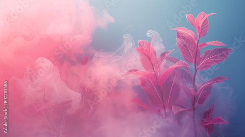 Pink plant leaves surrounded by soft colorful smoke