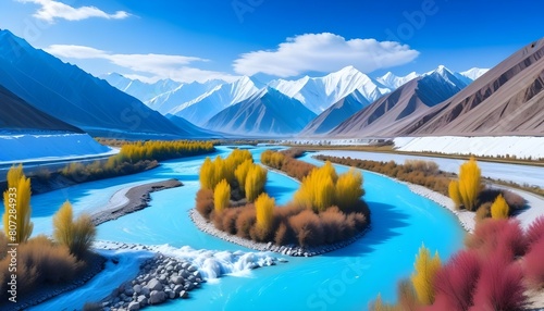 beautiful landscape of flowing river, colorful bushes and snowmountain in Xinjiang, China