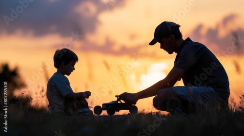 Father and son silhouette playing with a remote-control car