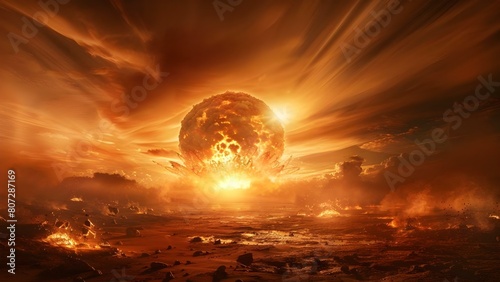 The title remains the same, "A nuclear bomb explosion creates a mushroom cloud in an apocalyptic scene". Concept Nuclear Apocalypse, Mushroom Cloud, Destruction, Catastrophe, Armageddon