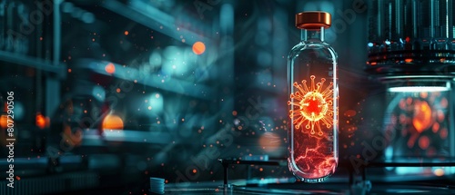 A glowing vial contains a fiery representation of a virus