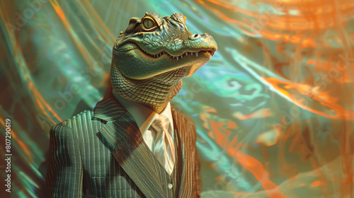 Couture crocodile in a tailored suit, accessorized with a silk tie
