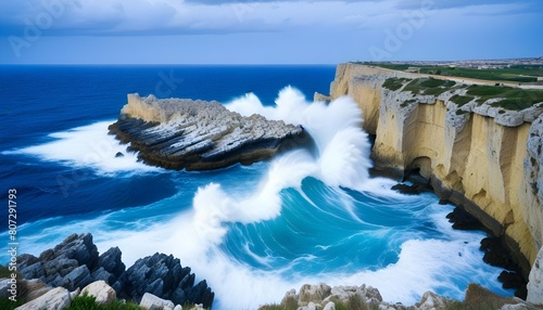 The cliffs on which the stormy waves of the sea break along the coast of the Plemmirio Nature Reserve. Syracuse, Sicily, Italy, Europe