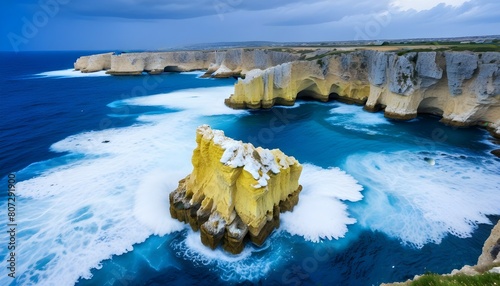 The cliffs on which the stormy waves of the sea break along the coast of the Plemmirio Nature Reserve. Syracuse, Sicily, Italy, Europe