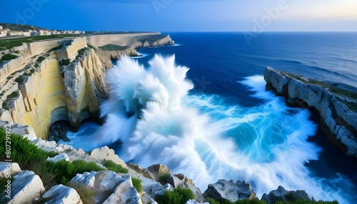 The cliffs on which the stormy waves of the sea break along the coast of the Plemmirio Nature Reserve. Syracuse, Sicily, Italy, Europe