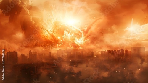 Dramatic 3D artwork of a nuclear bomb explosion in a city. Concept Destruction, Catastrophe, War zone, Destruction of cityscape, Controversial art