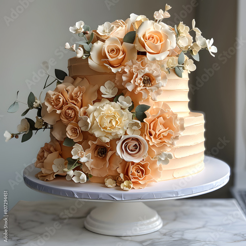 Hybrid tea rose petals decorate an orangeflavored cake on a stand