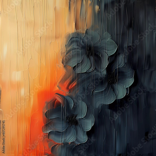 Black and orange background. Paint brushstrokes texture. Black flowers.