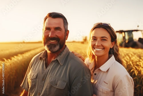 Farmers posing over wheat, rye, oats field harvester background, looking at camera working sunset outdoors at farm, man and woman workers cultivating land sowing seeds, collecting harvest seedlings