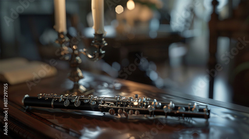Serene Oboe A serene oboe placed delicately on a mahogany table, with its slender body and silver keys reflecting the soft glow of candlelight, promising to deliver poignant and emotive melodies.