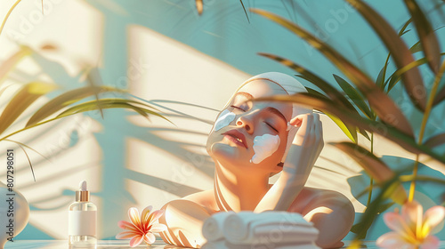 Skincare routines at a serene home spa setting, a person applying natural products, focusing on hydration and skin health3D vector illustrations