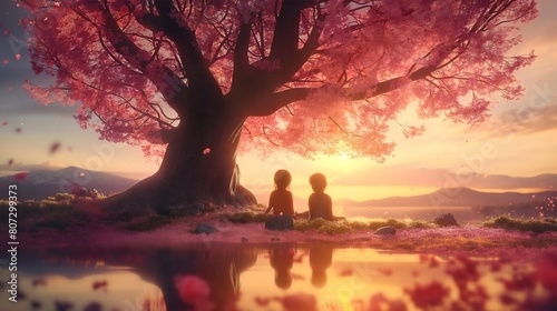 Kids watching sunset in front of sakura tree