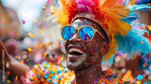 A detailed HD image of a young person dressed in a colorful costume dancing energetically at a Pride event, with confetti flying around them
