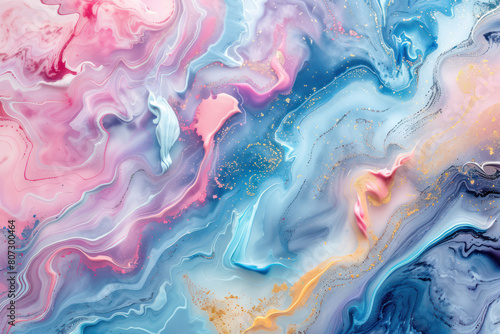 A vibrant abstract painting featuring swirls of blue, pink, and yellow colors in a pastel marble pattern