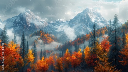 idyllic autumnal landscape mountain with forest.