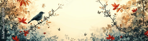 panorama of birds on tree branch in forest for banner background