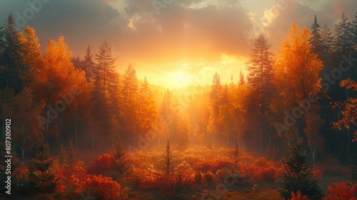 A beautiful autumn landscape with a forest and sun, illustrating an idyllic autumn scene.