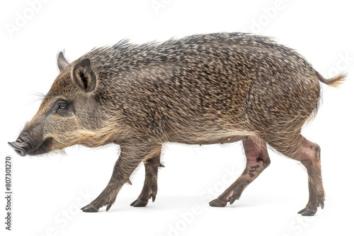 Wild Javelina Pig Walking in Side Profile Isolated on White Background