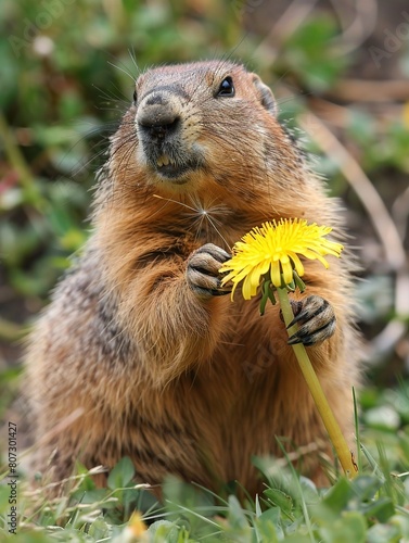 a photo of groundhog smelling the dandelion flower