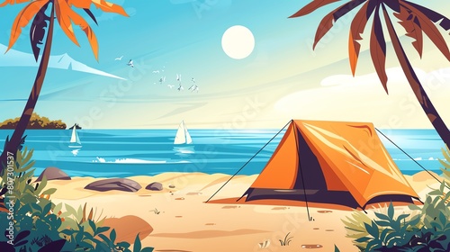 A camping tent on the beach with a beautiful view