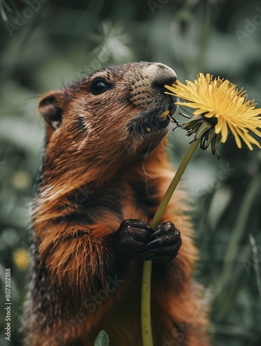 a photo of groundhog smelling the dandelion flower