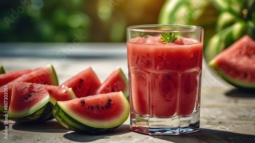 Close-up fresh watermelon juice or smoothie in glasses with watermelon pieces