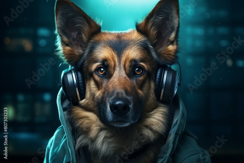 German Shepherd Dog developer in the hood and earphones. German Shepherd Dog programmer on schemed background. Horizontal banking poster for web. Photo AI Generated