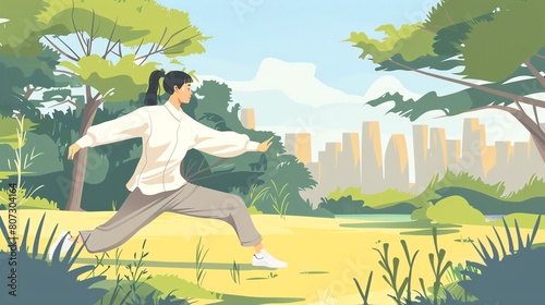 illustration of woman doing Tai-Chi in the park