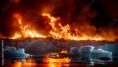Un incendio en el Ártico provoca la fusión de bloques de hielo creados por inteligencia artificial. Concept Artificial Intelligence, Arctic Fire, Ice Melting, Climate Change, Environmental Impact