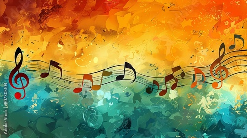 Colorful abstract music background with vibrant musical notes and dynamic musical notations