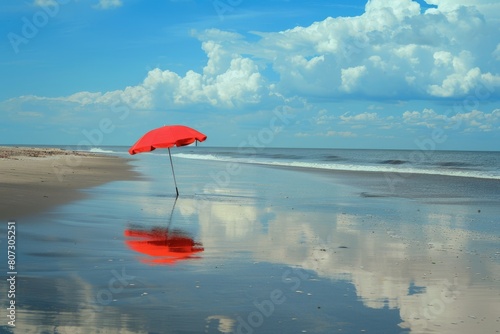 Relaxing Day at Cape May Beach: Colorful Umbrella Shade with Ocean Waves and Sandy Shore