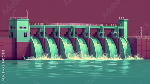 Flat solid color illustration of a seafoam green hydroelectric dam on a burgundy background producing hydro power.