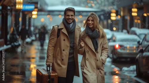 Elegant Couple Walking in Snowy City with Suitcase, Dressed in Winter Fashion