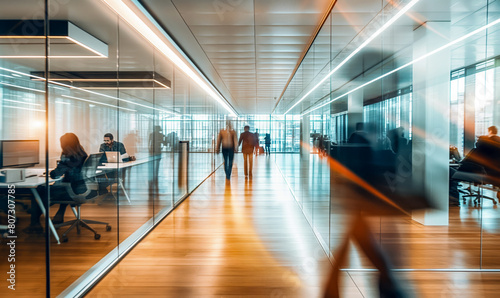 blurred business people walking in an office, motion blur modern colors, movement, people moving, team in action, time lapse 