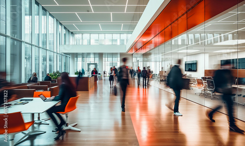 blurred business people walking in an office, motion blur modern colors, movement, people moving, team in action, time lapse 