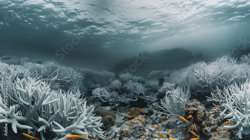  Vibrant yet bleached coral reef under clear blue water.