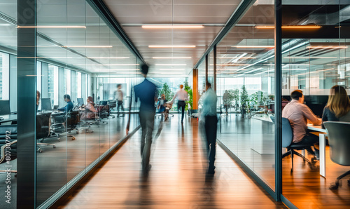 blurred business people walking in an office, motion blur modern colors, movement, people moving, team in action, time lapse 