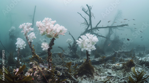 Underwater scene with soft corals and murky, shadowed depths.
