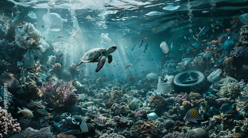 Sea turtle swimming among plastic debris in a polluted ocean.